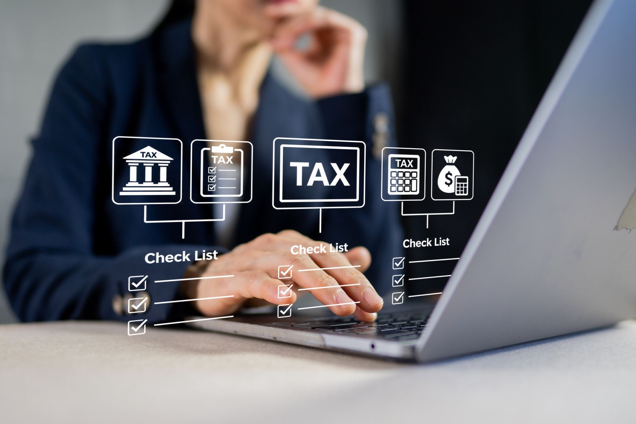 A close-up shot of a person using a laptop, with digital tax-themed icons, check marks, and Check List text overlaid on the screen.