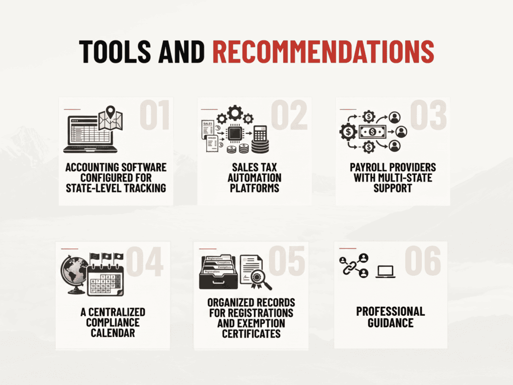 Infographic by STRIV CPAs listing six tools and recommendations for managing multi-state tax compliance.