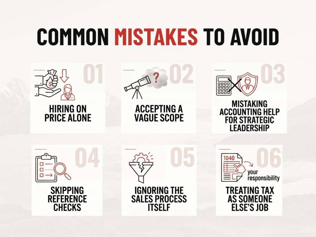 Infographic by STRIV CPAs outlining six common mistakes to avoid when hiring fractional CFO services.