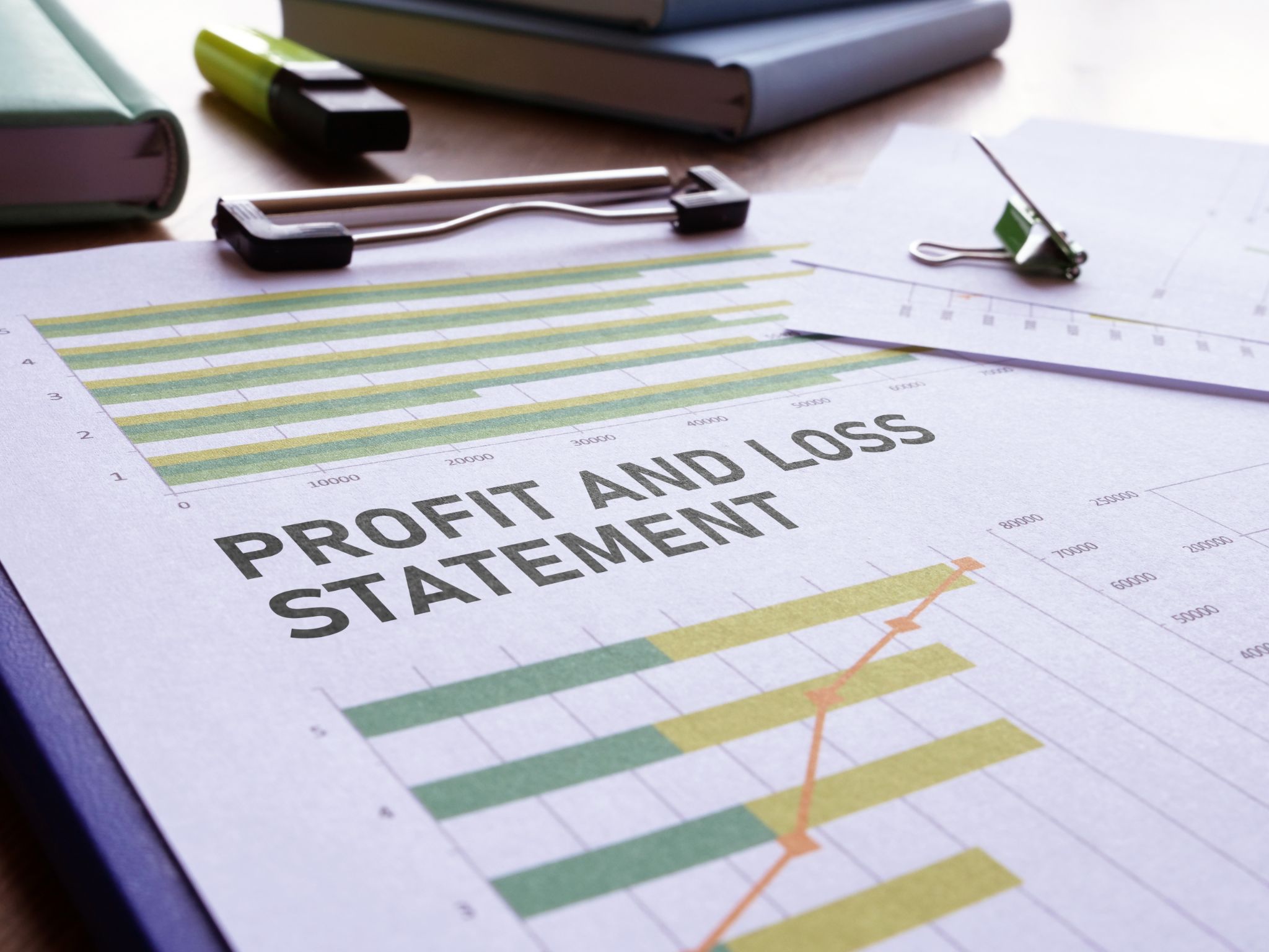 Profit and loss statement document on a clipboard with bar charts and office stationery nearby.
